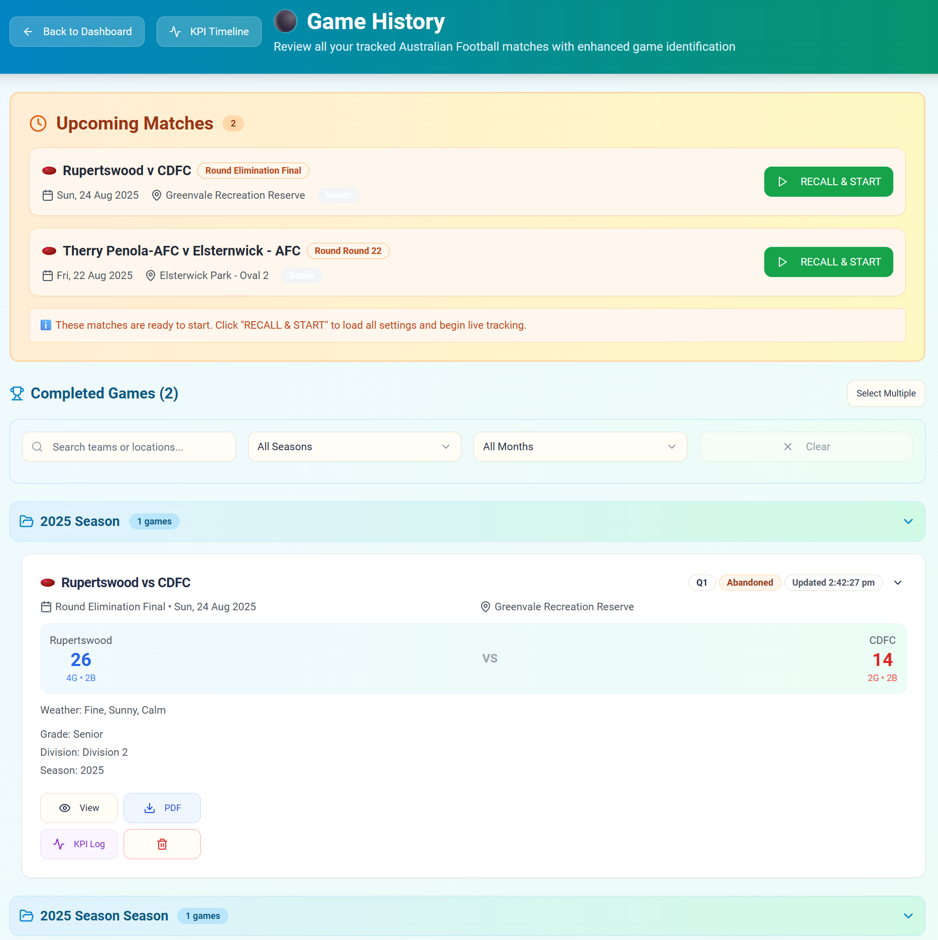 Game library showing completed matches and upcoming fixtures